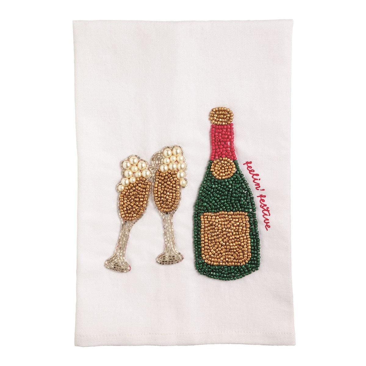 White beaded tea towel with champagne bottle and flutes reading festive