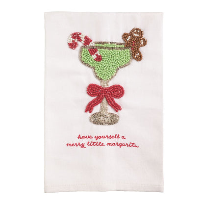 White beaded towel with Christmas margarita glass, candy cane, gingerbread man, red bow