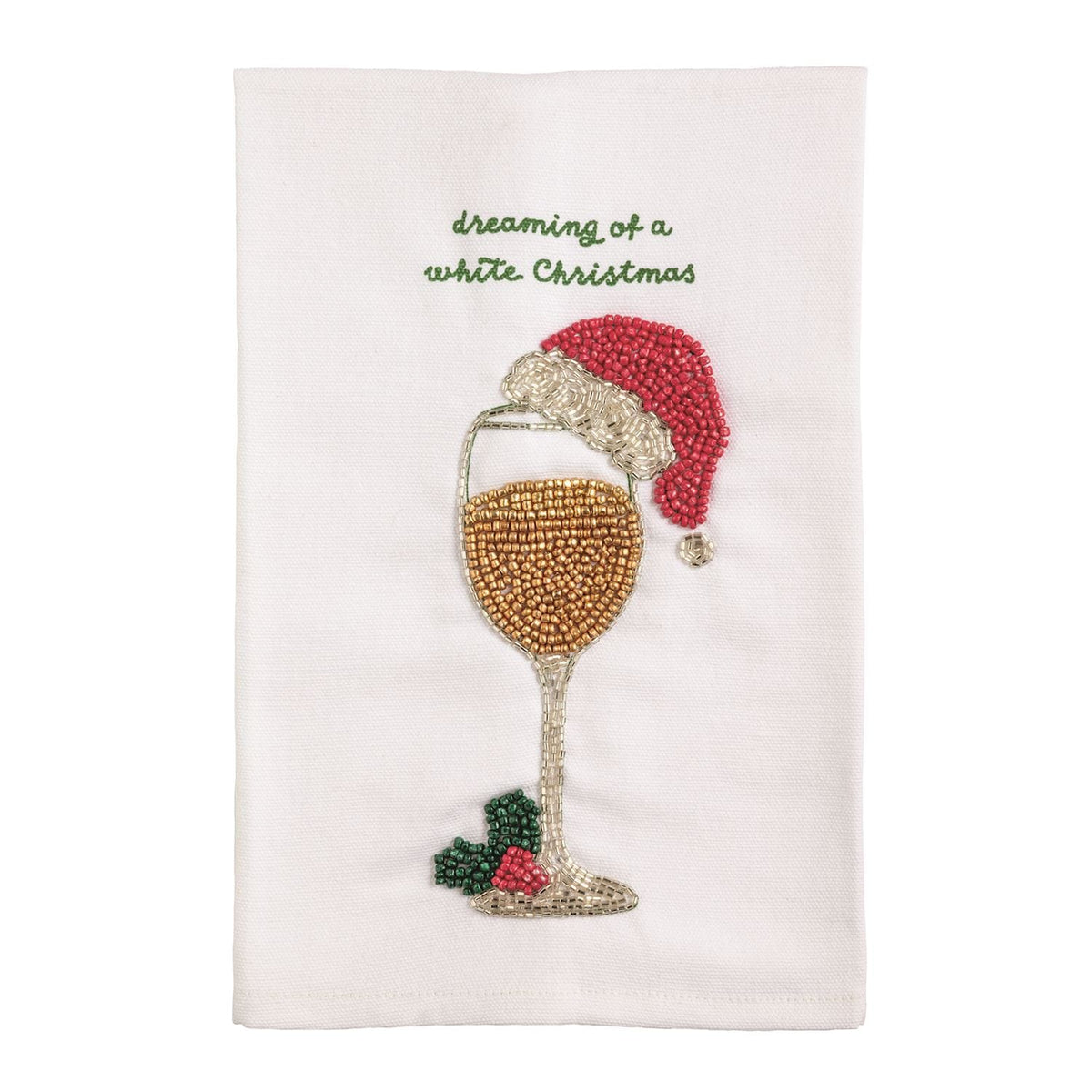 White beaded towel with wine glass and Santa hat, dreaming of a white Christmas
