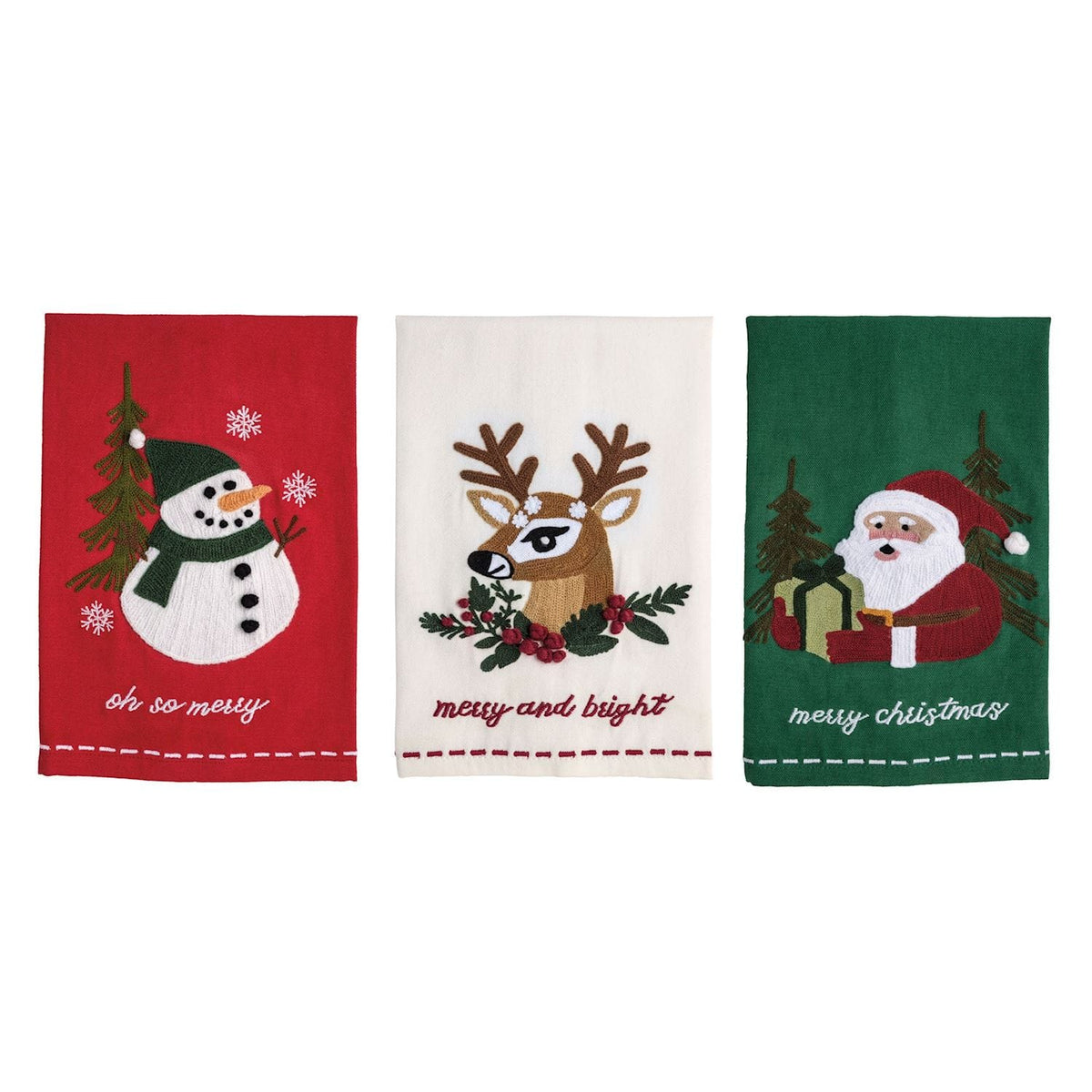 Set of 3 Christmas embroidered towels: red snowman, cream reindeer, green Santa Claus