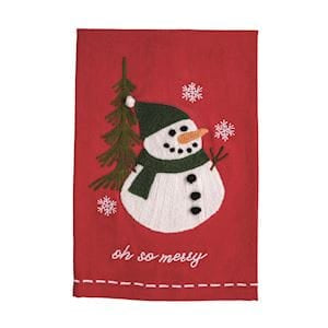 Red cotton kitchen towel with crewel embroidery snowman and oh so merry text