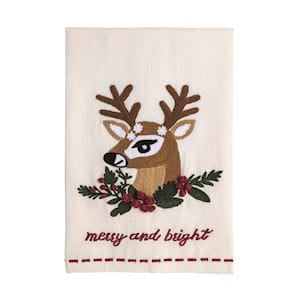 Cream cotton hand towel with embroidered reindeer and merry and bright text