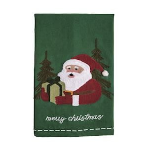 Green cotton kitchen towel with Santa Claus crewel embroidery and Merry Christmas text