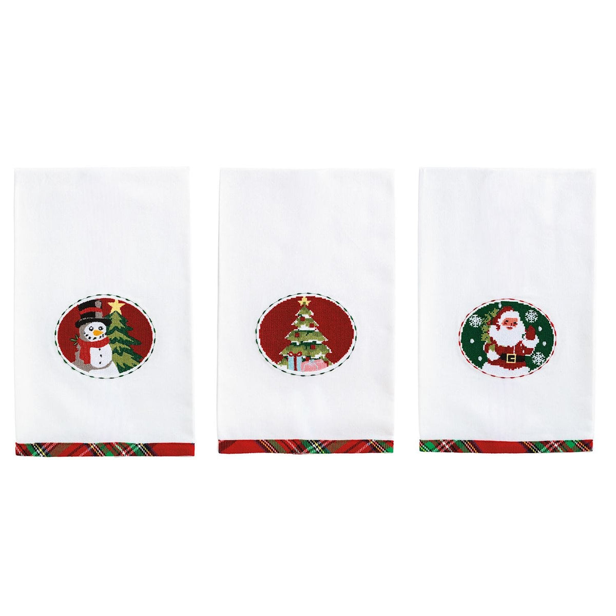 Set of three white Christmas kitchen towels with needlepoint snowman, tree, and Santa medallions