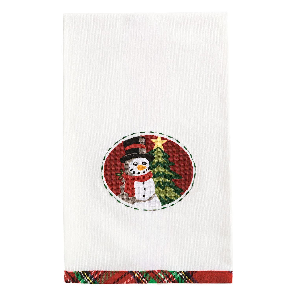 White cotton towel with needlepoint snowman oval patch and red plaid trim border