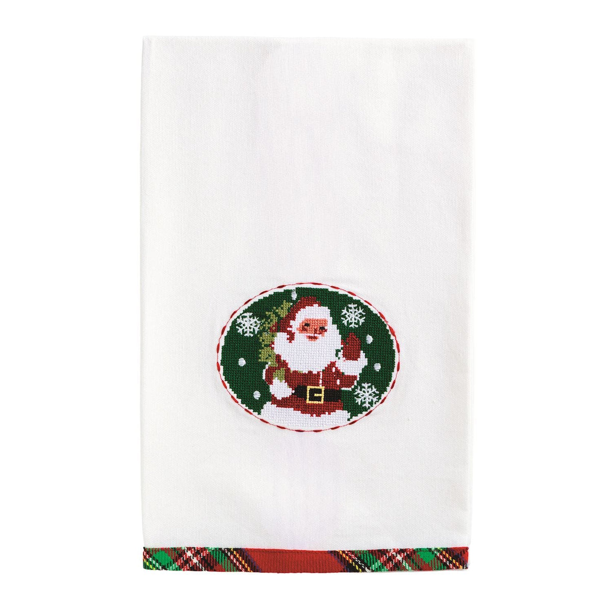 White cotton towel with Santa needlepoint patch and red green plaid trim border