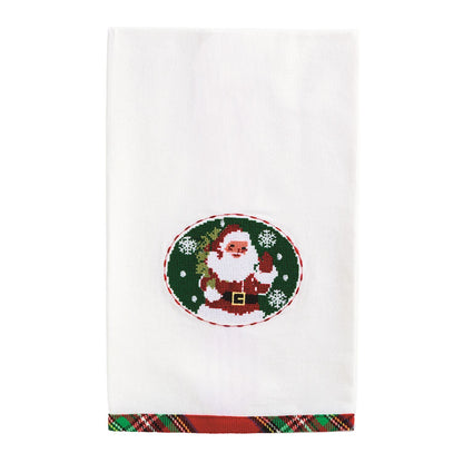 White cotton towel with Santa needlepoint patch and red green plaid trim border