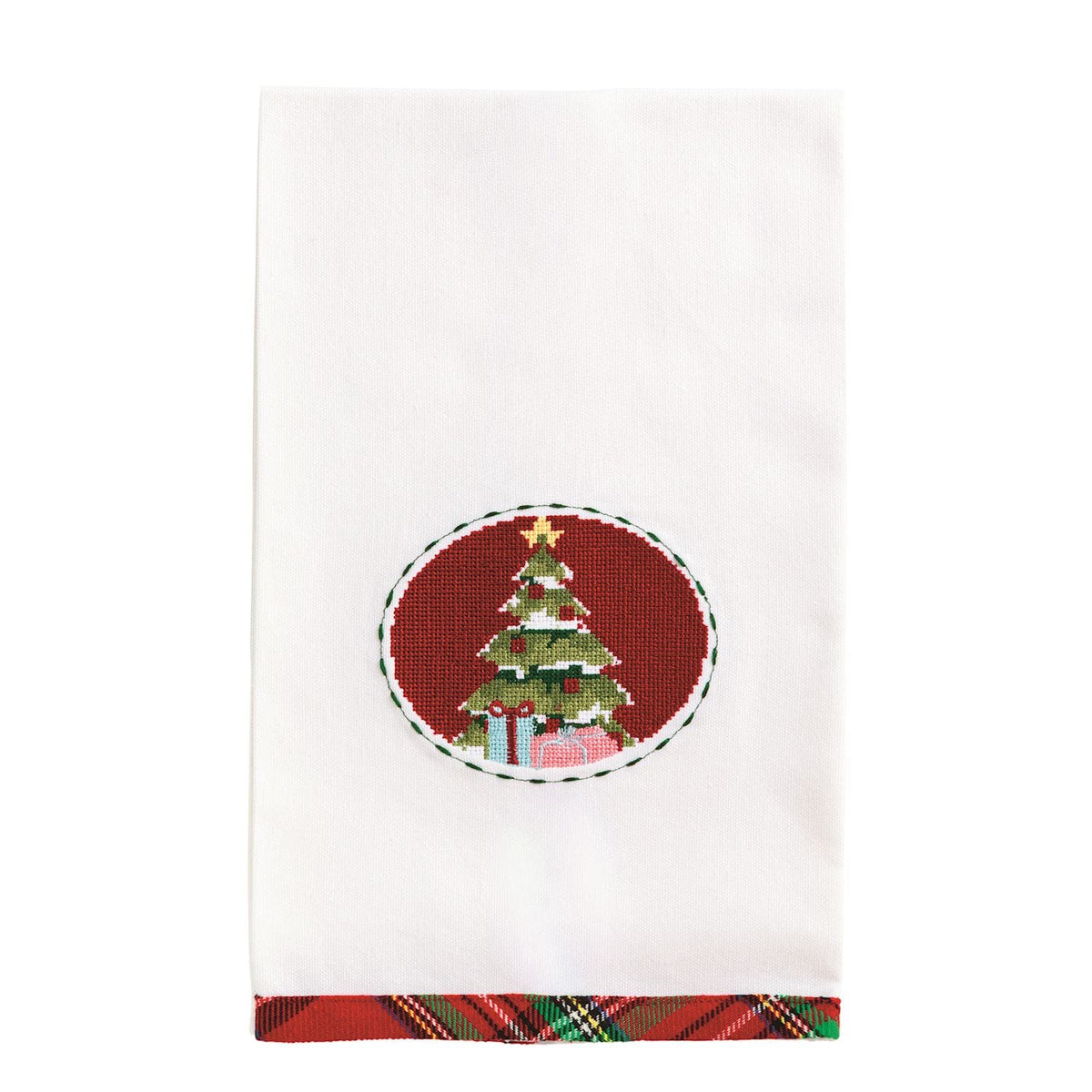 White Christmas hand towel with needlepoint tree medallion and red plaid trim