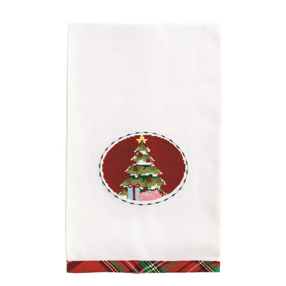 White Christmas hand towel with needlepoint tree medallion and red plaid trim