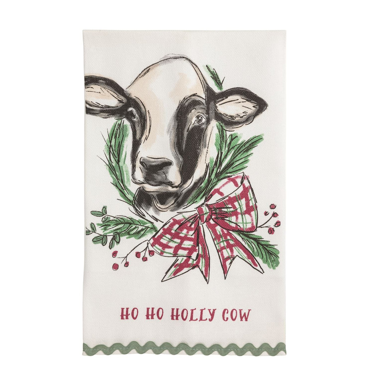 White kitchen towel with black and white cow, Christmas wreath, and Ho Ho Holly Cow text
