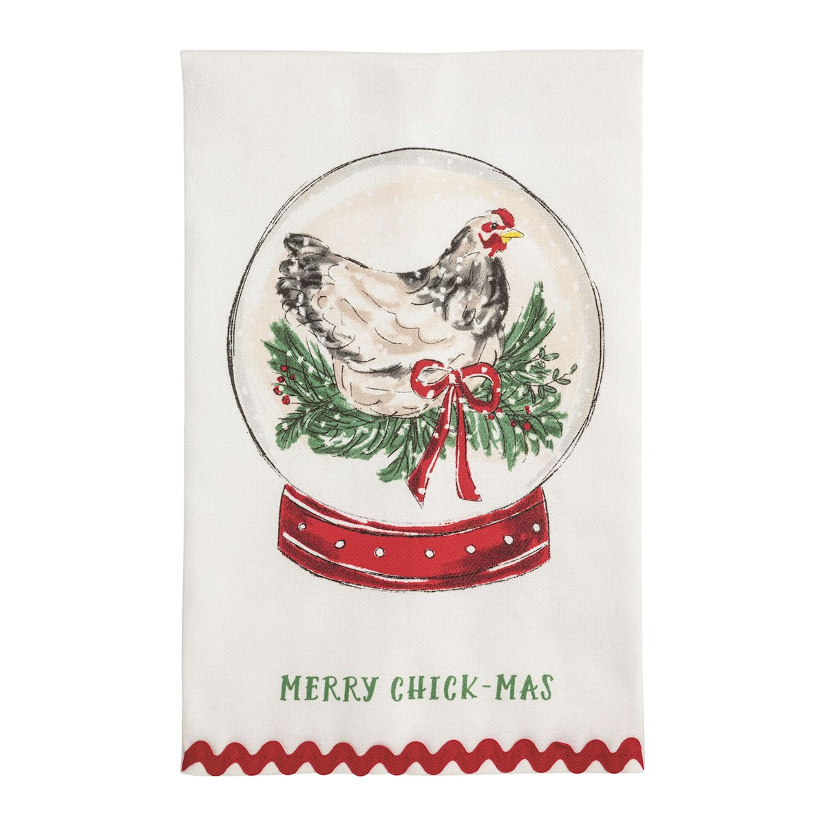 White kitchen towel with chicken snow globe and Merry Chick-Mas text, red ric-rac trim