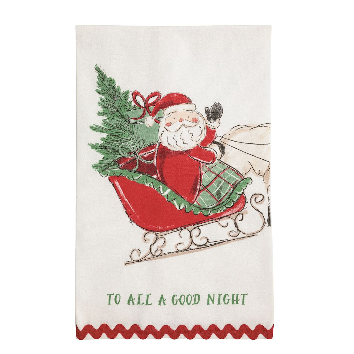 White kitchen towel with Santa in sleigh and 'To All A Good Night' text