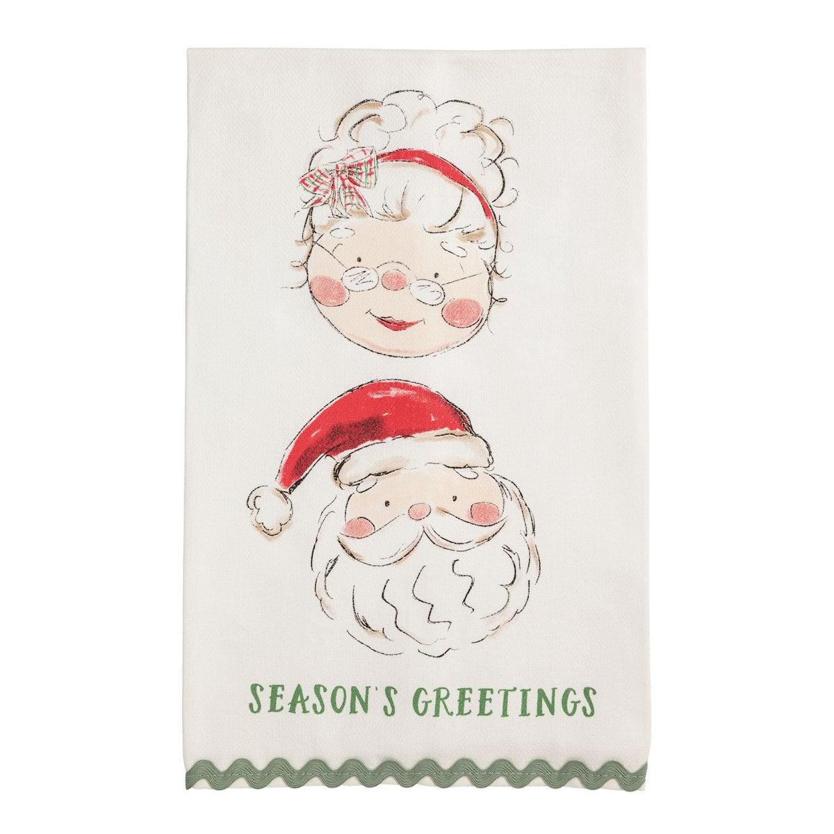 White kitchen towel with Mrs. and Santa Claus faces, Season's Greetings, green ric-rac trim