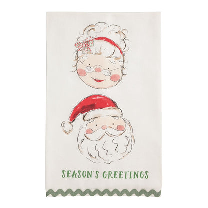 White kitchen towel with Mrs. and Santa Claus faces, Season's Greetings, green ric-rac trim
