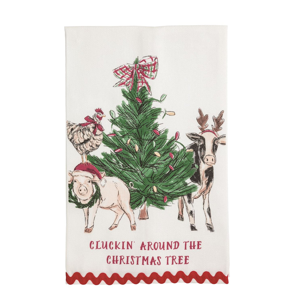 White kitchen towel with farm animals around Christmas tree and ric-rac hem