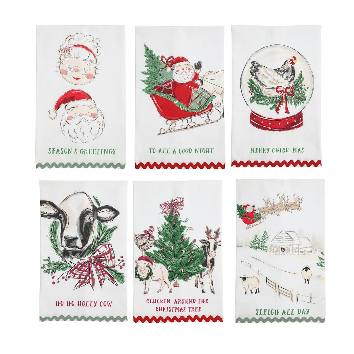 Set of 6 white Christmas farm-themed kitchen towels with red and green holiday illustrations