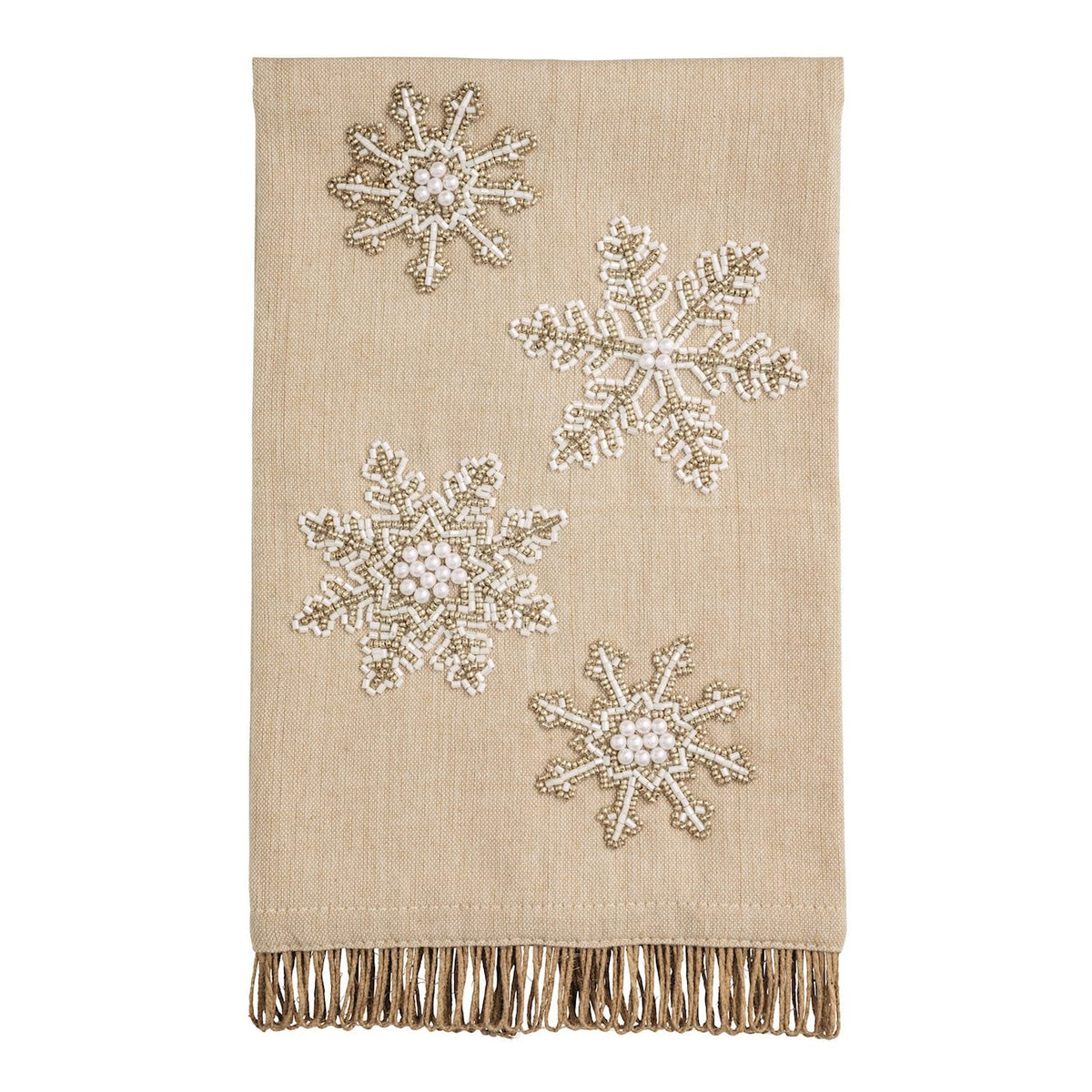 Beige linen hand towel with beaded white and gold snowflake embellishments and fringe trim