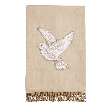 Beige linen fingertip towel with beaded white dove appliqué and gold fringe trim