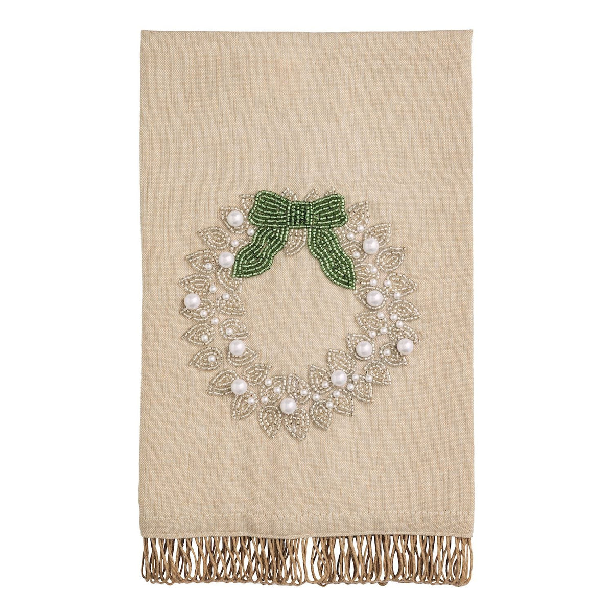 Beige linen hand towel with beaded Christmas wreath, green bow, pearl accents, fringe trim