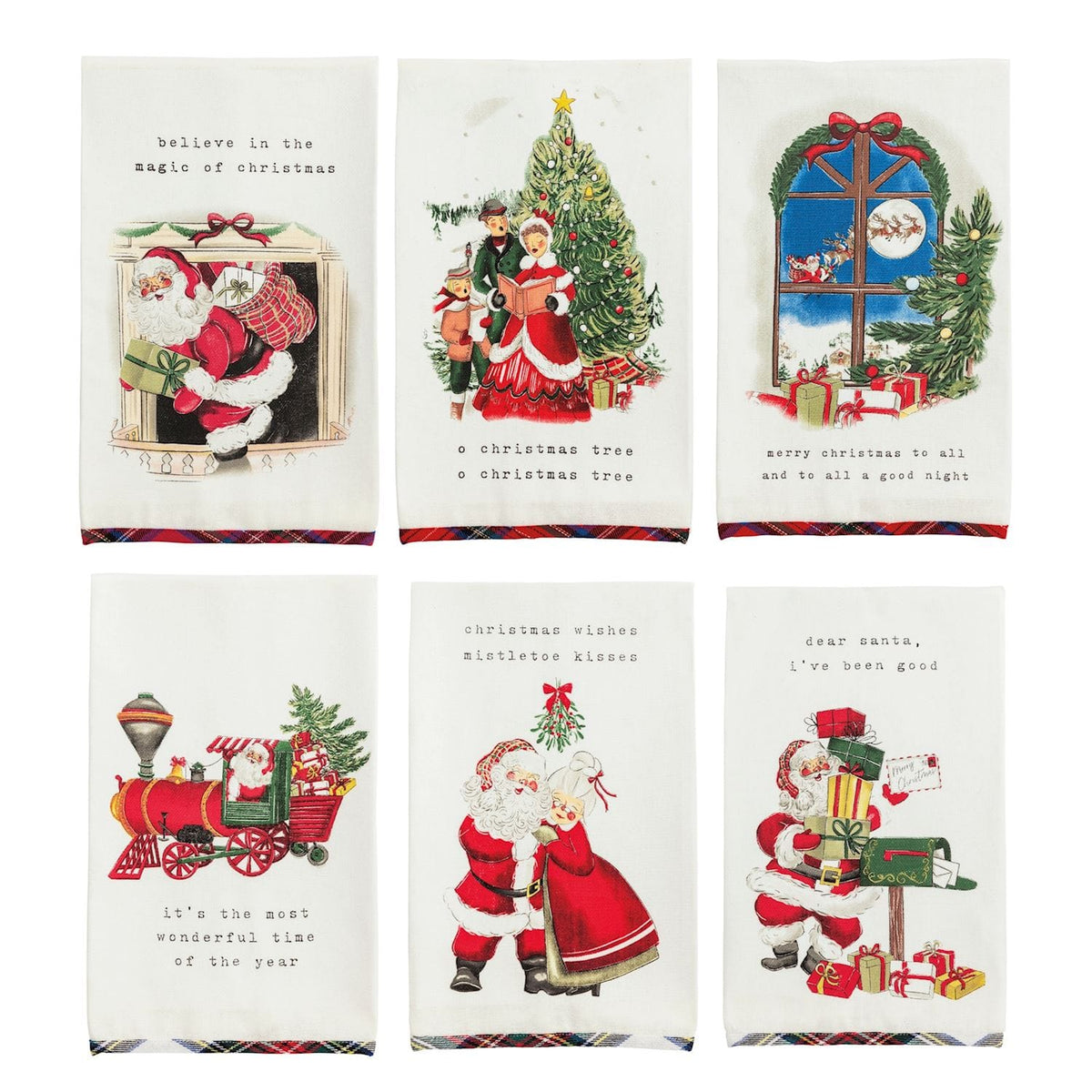 Set of 6 vintage-style Christmas kitchen towels with Santa illustrations and holiday phrases