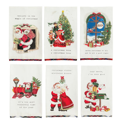 Set of 6 vintage-style Christmas kitchen towels with Santa illustrations and holiday phrases