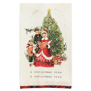 Cream kitchen towel with vintage Christmas carolers, green tree, and plaid hem