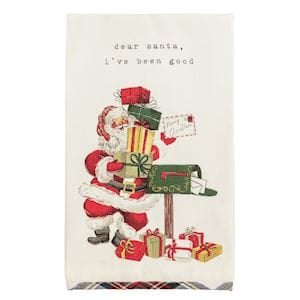 White kitchen towel with Santa at mailbox and Dear Santa text, tartan hem