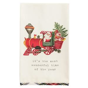 Cream kitchen towel with Santa on red train and plaid hem border