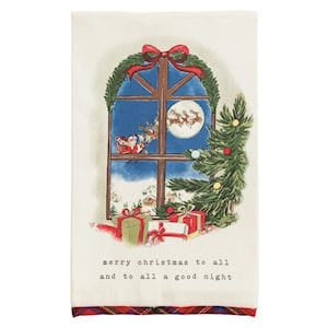 White kitchen towel with Christmas window scene and tartan plaid hem border