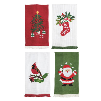 Set of 4 Christmas waffle hand towels featuring tree, stocking, cardinal, and Santa designs