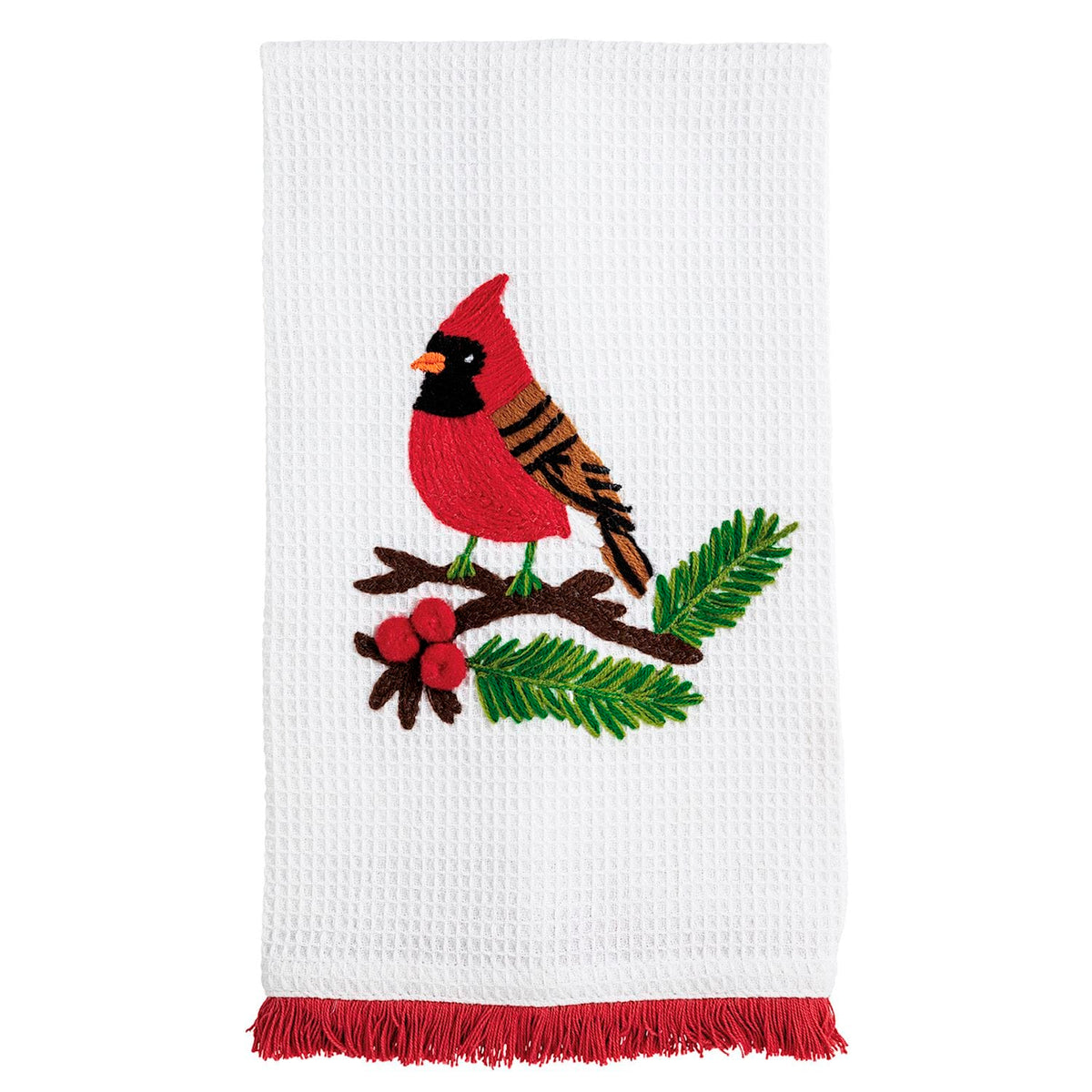 White waffle kitchen towel with embroidered cardinal on holly branch and red fringe