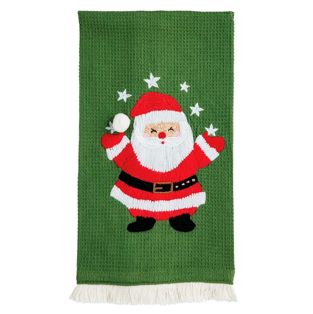 Green waffle-knit kitchen towel with embroidered Santa Claus and white fringe hem