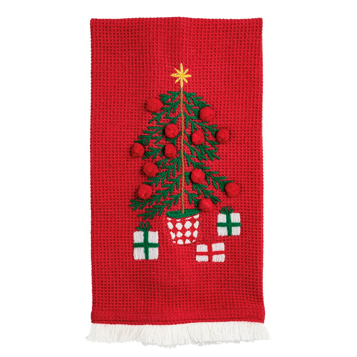Red waffle weave kitchen towel with embroidered Christmas tree, pom-poms, and fringe