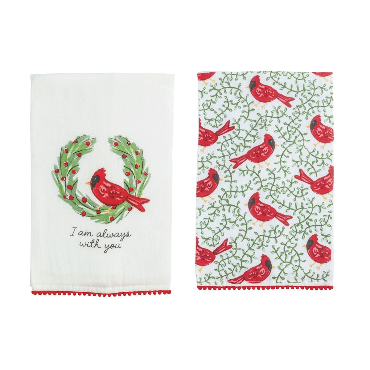 Two white cardinal kitchen towels with red pom trim, wreath and allover bird prints