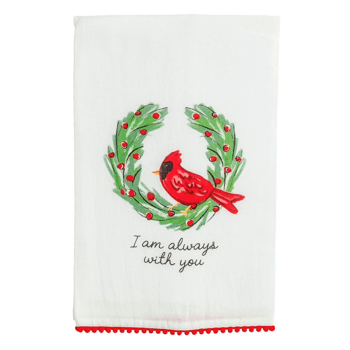 White kitchen towel with red cardinal on green wreath and red pom trim