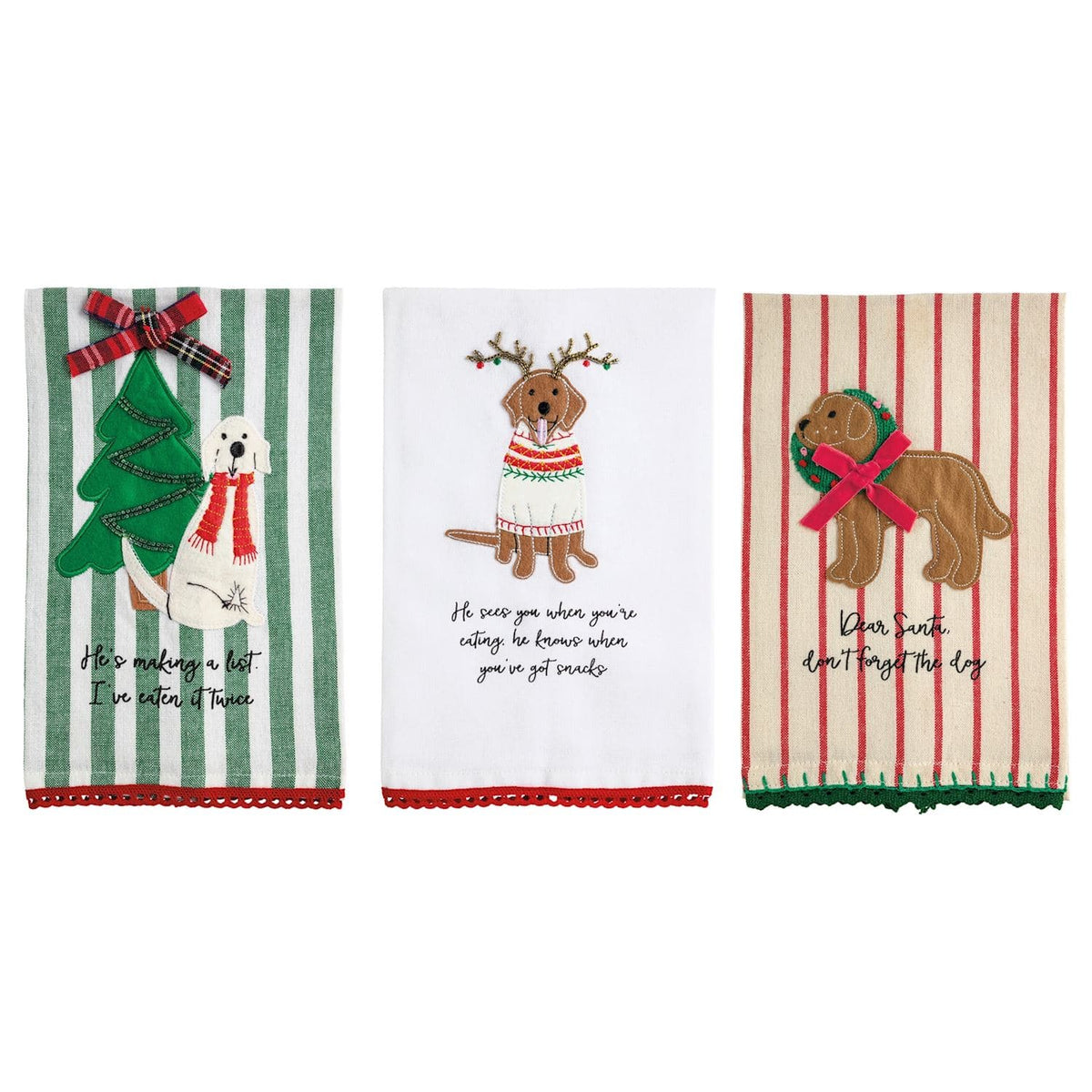 Mud Pie set of 3 Christmas dog appliqué kitchen towels with holiday sayings