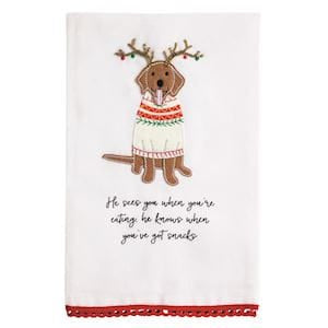 White kitchen towel with embroidered dog in reindeer antlers and Christmas sweater