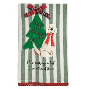 Mud Pie green striped Christmas kitchen towel with dog and tree appliqué