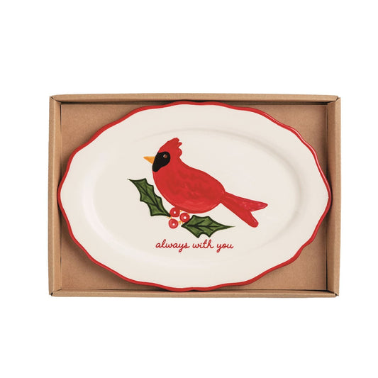 Mud Pie white oval ceramic plate with red cardinal and holly, reads always with you