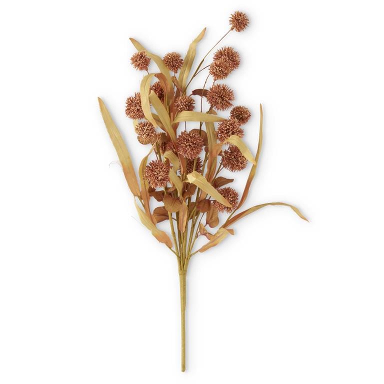 Artificial brown sycamore fruit ball bush with golden foliage, 20.5 inches tall