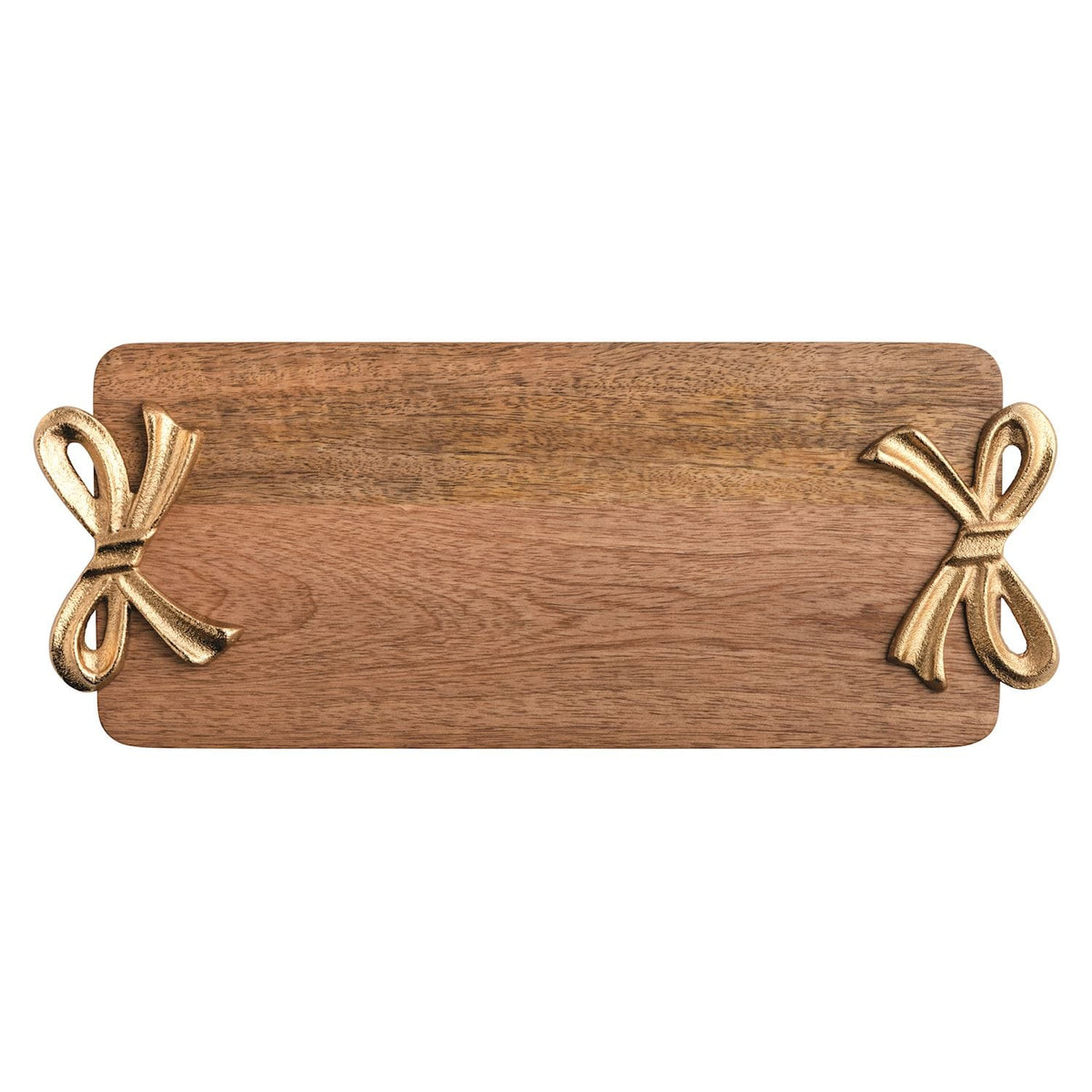 Rectangular mango wood serving board with gold cast aluminum bow handles on each side