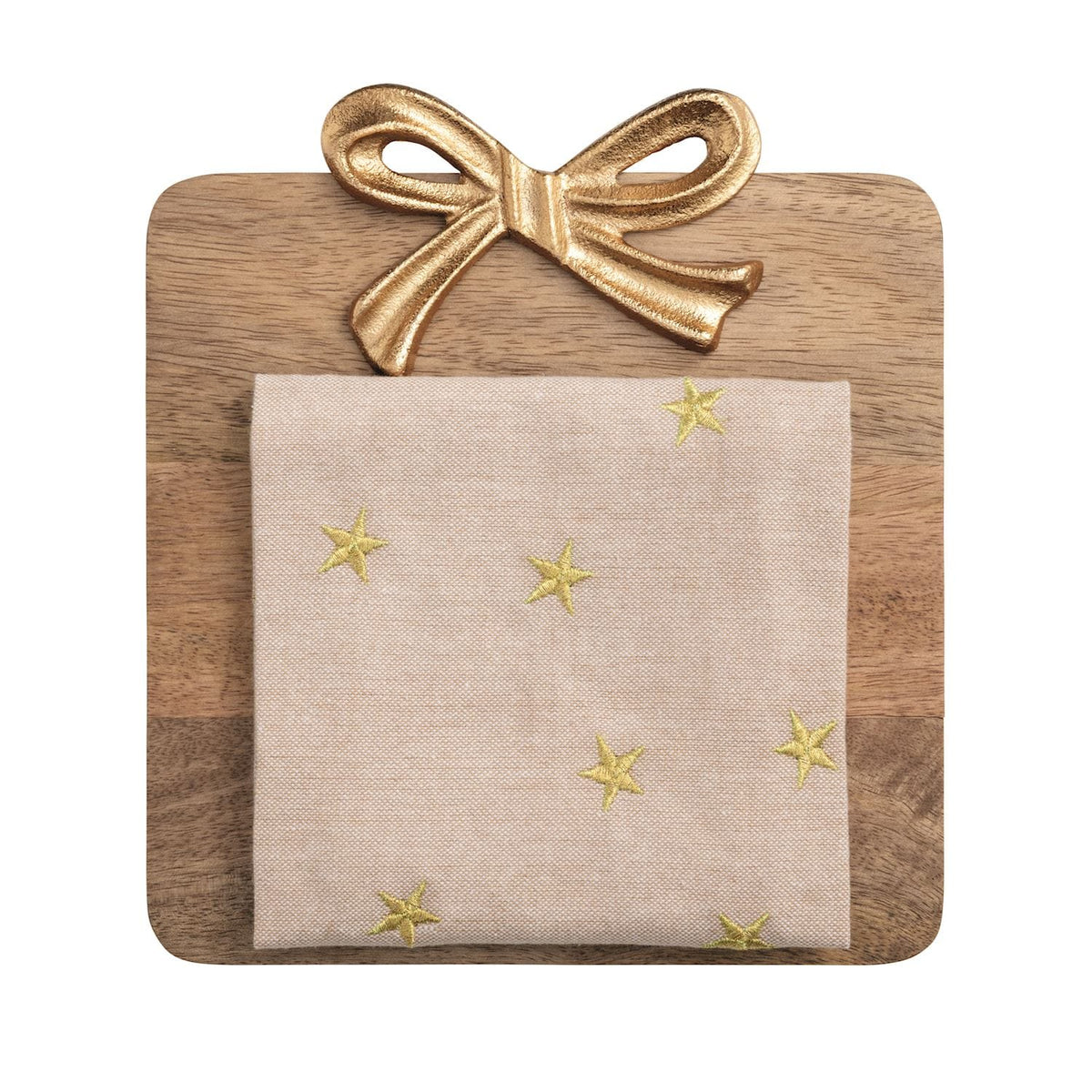 Mango wood square board with gold cast aluminum bow and star-embroidered linen napkin