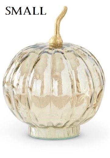 Small amber glass pumpkin with ribbed texture and gold metal stem