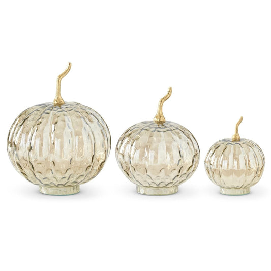 Set of three champagne glass pumpkins with gold metal stems in small, medium, large sizes