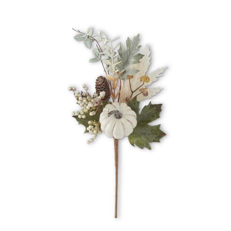 Artificial fall foliage stem with white pumpkin, pinecone, berries, and mixed leaves