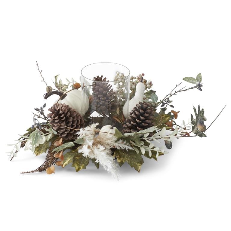 Autumn candle ring with white pumpkins, pinecones, mixed foliage, and glass hurricane holder