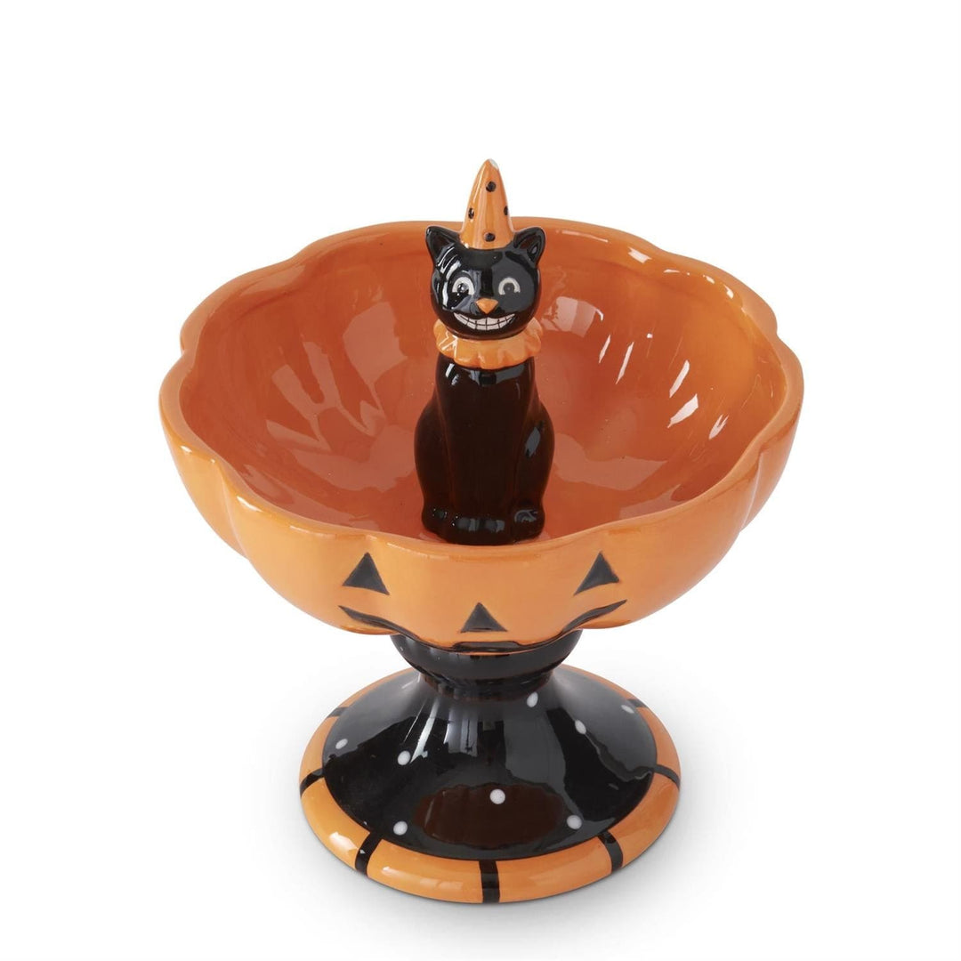 8.25 Inch Ceramic Jack O Lantern Bowl w/Black Cat
