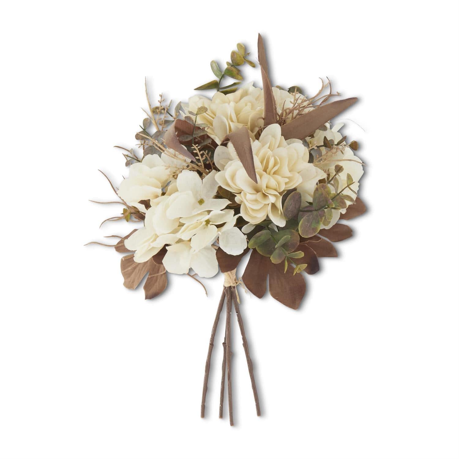 Cream faux dried floral bouquet with hydrangea, dahlia, and eucalyptus on bare stems