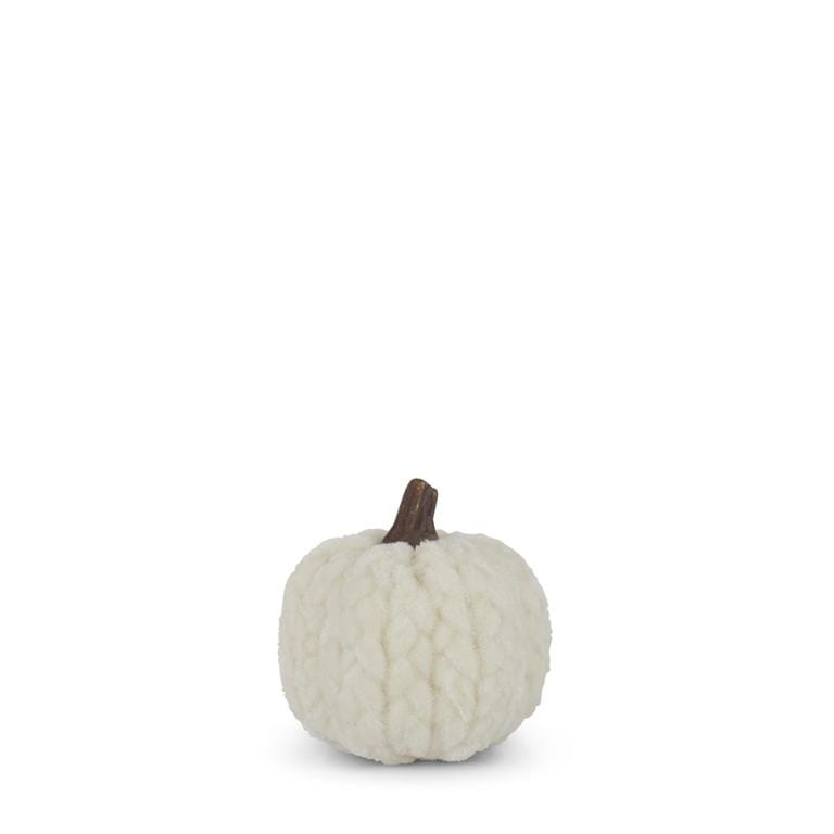 Small white braided textured decorative pumpkin with brown stem, 2.75 inch