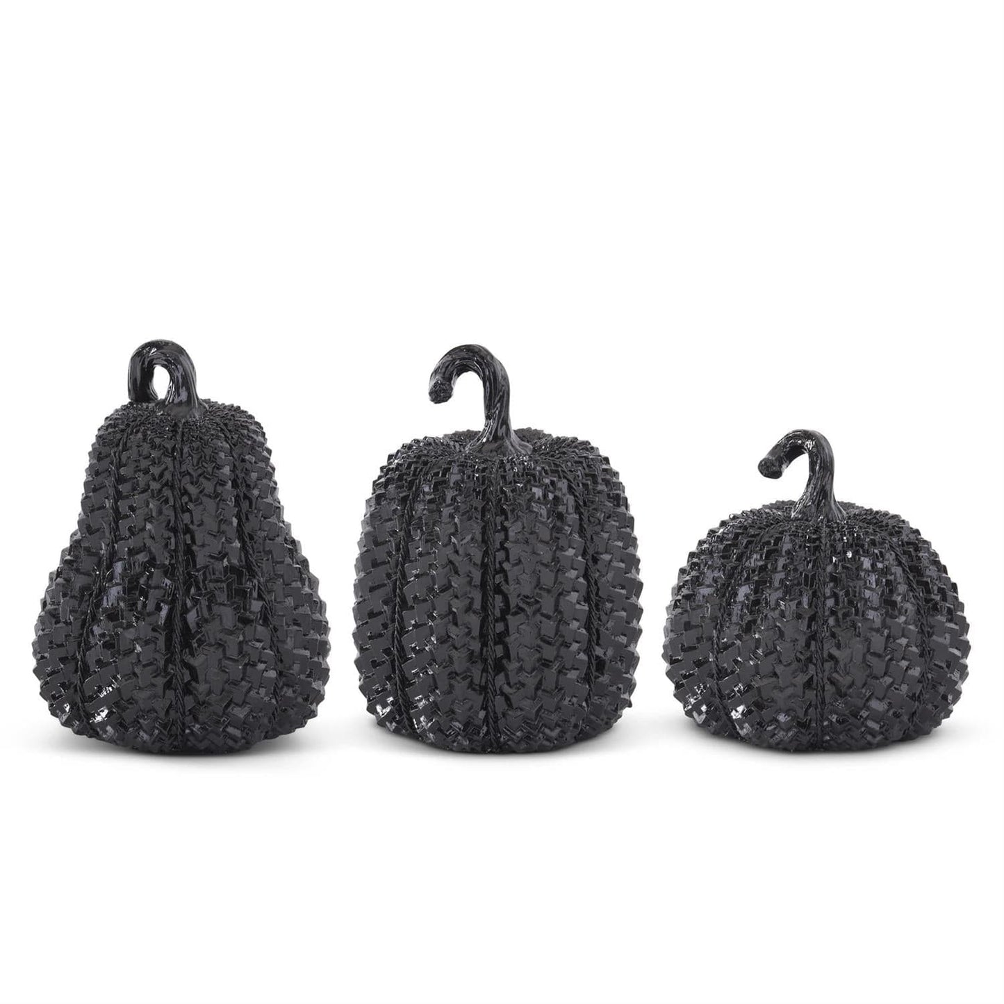 Set of three black glossy embossed resin pumpkins in small, medium, and large sizes